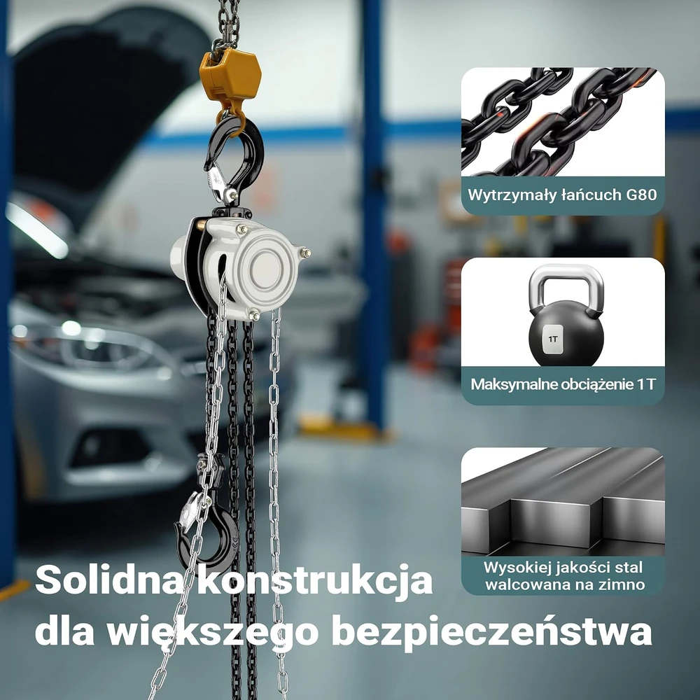Wiltec rankinis grandininis keltuvas 1 t, 5 m cinkuota G80 grandinė, 65136