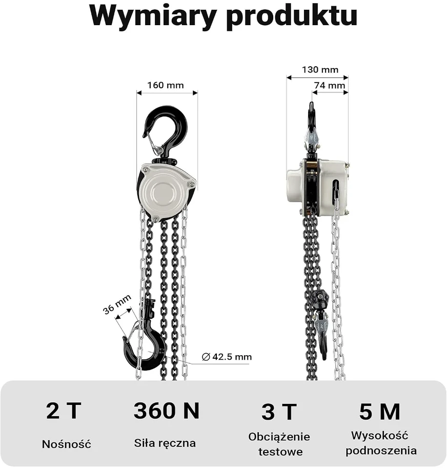 Wiltec rankinis grandininis keltuvas 2 t, 5 m cinkuota G80 grandinė, 65138