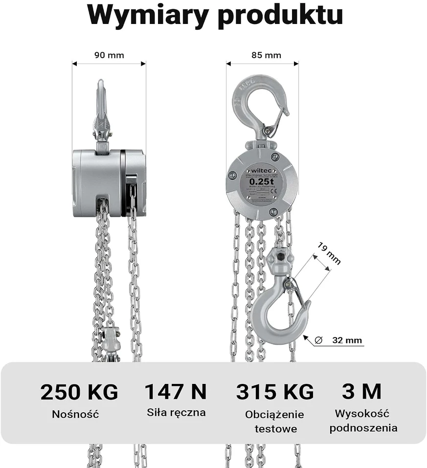 Wiltec rankinis grandininis keltuvas 250 kg, 3 m, su cinkuota G100 grandine 65141