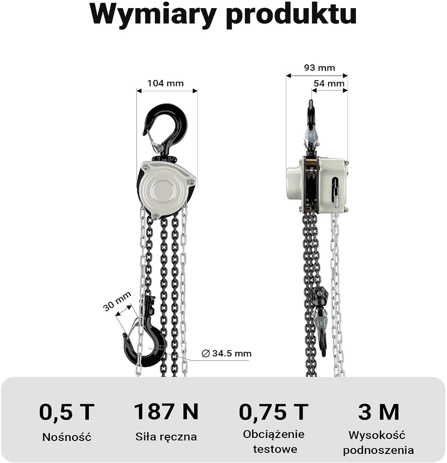 Wiltec rankinis grandininis keltuvas 500 kg su 3 m cinkuota G80 grandine, modelis 65134