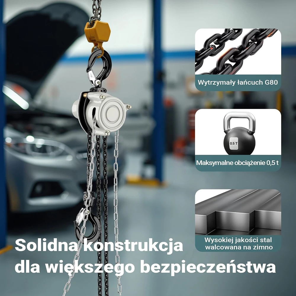 Wiltec rankinis grandininis keltuvas 500 kg su 3 m cinkuota G80 grandine, modelis 65134
