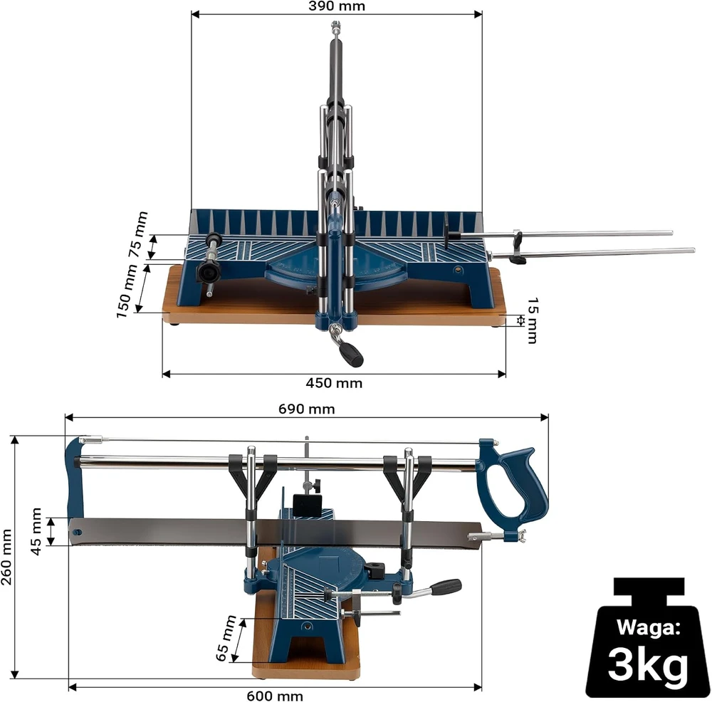 Wiltec rankinis kampinis pjūklas medienai 600 mm su reguliuojama pjovimo dėže 51331