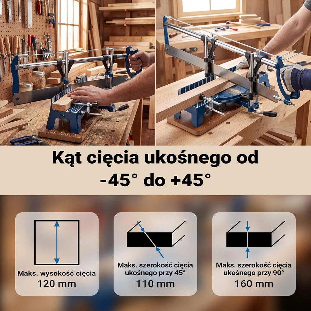 Wiltec rankinis kampinis pjūklas medienai 600 mm su reguliuojama pjovimo dėže 51331