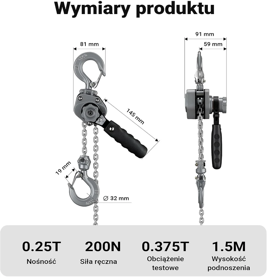 Wiltec rankinis svirtinis grandininis keltuvas 250 kg, 1.5 m, G100 grandinė, 65146