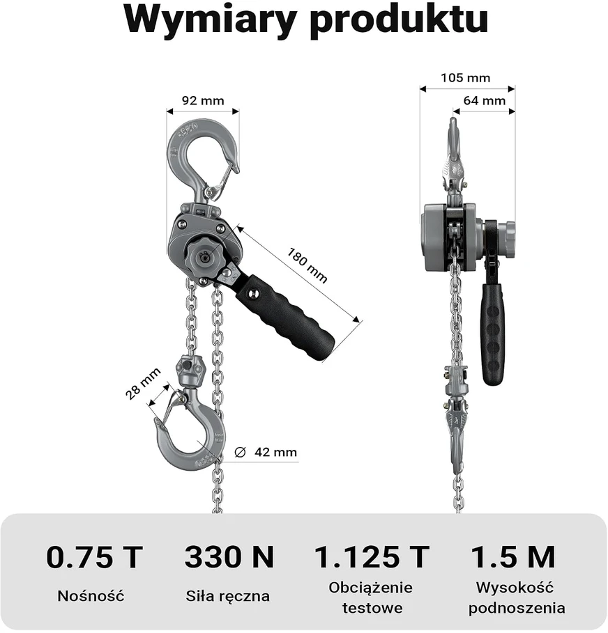 Wiltec rankinis svirtinis grandininis keltuvas 750 kg, 1.5 m, aliuminio korpusas, 65148