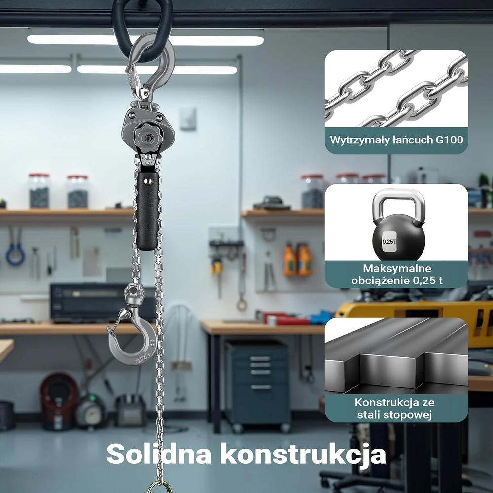 Wiltec rankinis svirtinis grandininis keltuvas 250 kg, 1.5 m, G100 grandinė, 65146