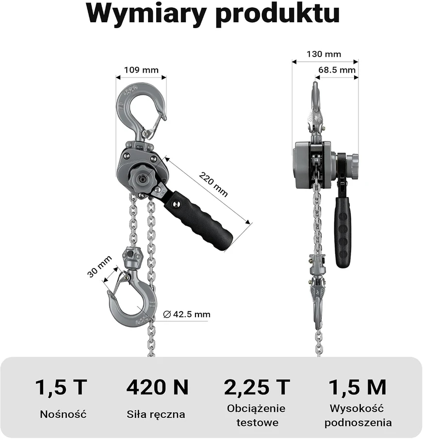 Wiltec rankinis svirtinis grandininis keltuvas 1500 kg, 1.5 m, G100 grandinė, 65149