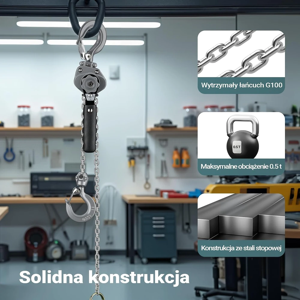 Wiltec rankinis svirtinis grandininis keltuvas 500 kg, 1,5 m, modelis 65147