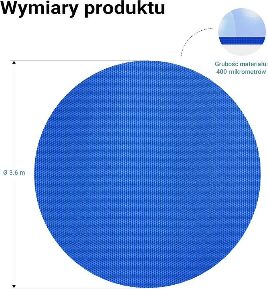 Wiltec saulės šildymo danga baseinui, apvali, 3,6 m skersmens, mėlyna, 400 µ storio