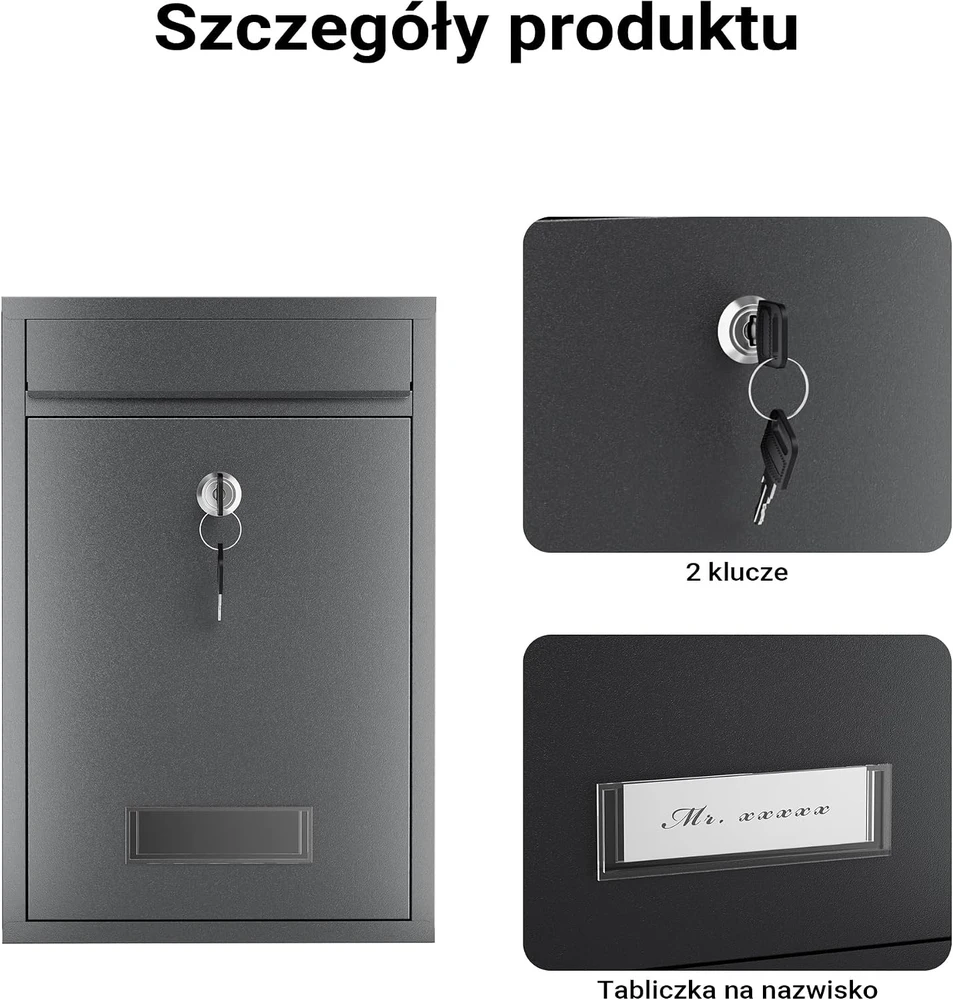 Wiltec sieninė pašto dėžutė iš cinkuoto plieno, antracito spalvos, rakinama 60132