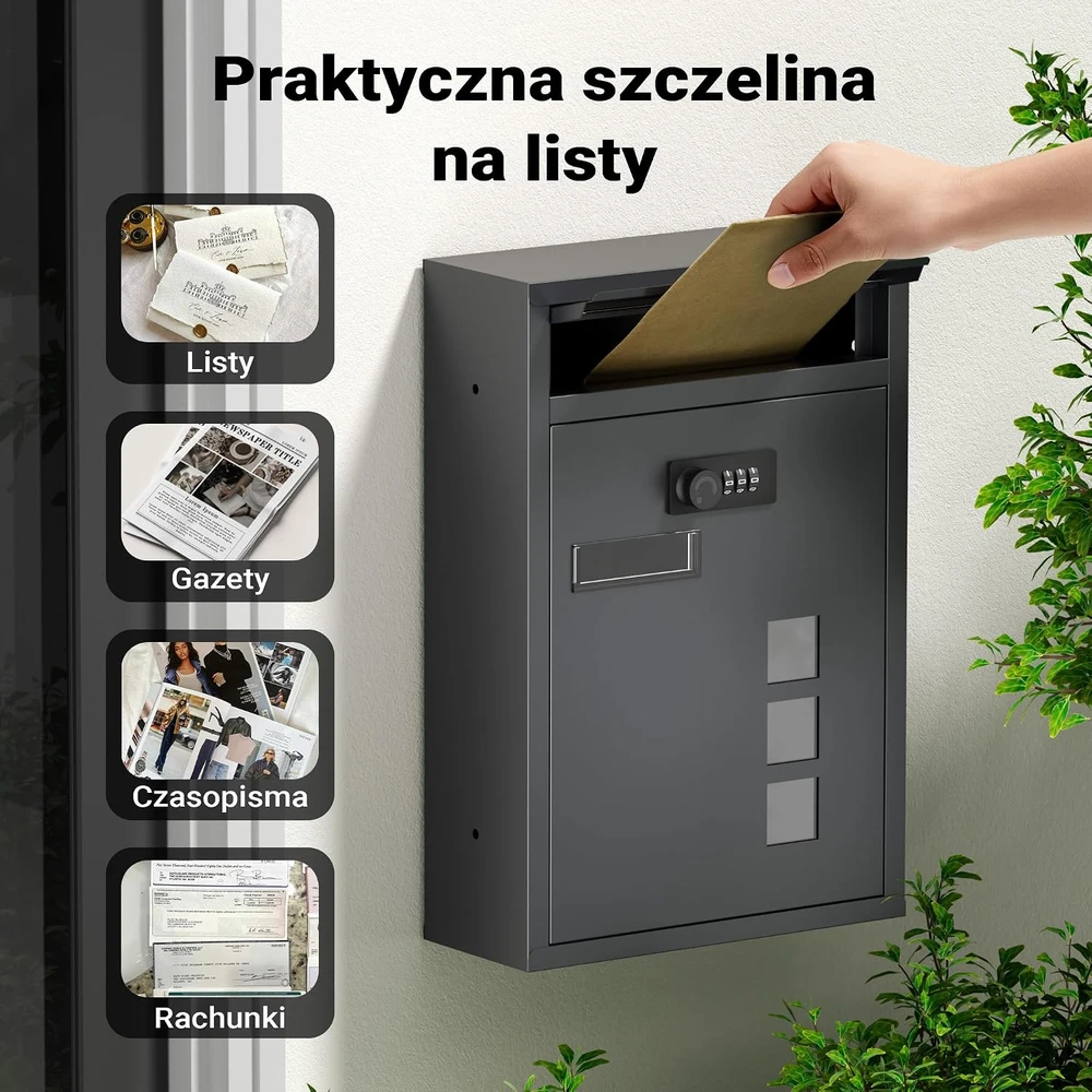 Wiltec sieninė pašto dėžutė su kodine spyna ir langeliu, antracito, 60034