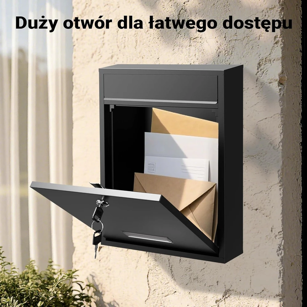 Wiltec sieninė pašto dėžutė V10 su raktu, juoda, 26 x 8.5 x 35 cm, 60125