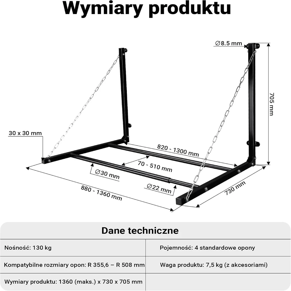 Wiltec sieninis padangų laikiklis 4 ratams iki 130 kg, 136 x 73 x 70,5 cm, 51484