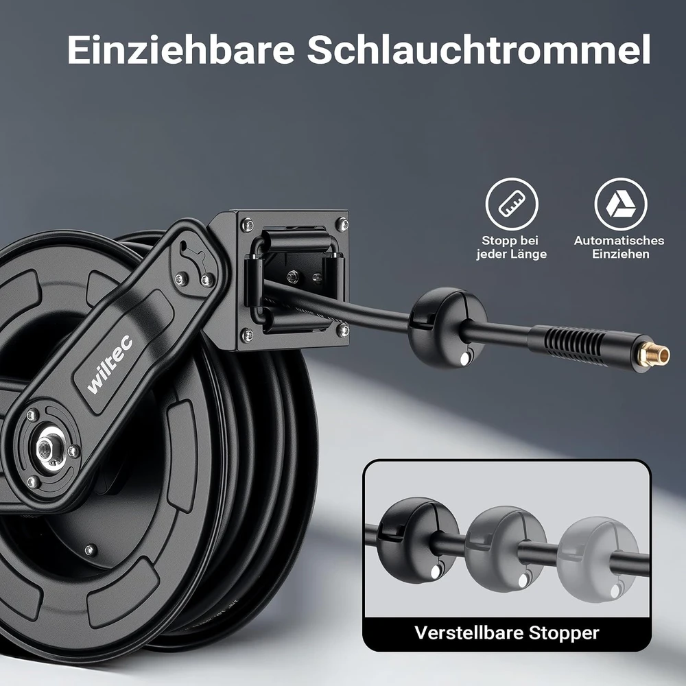 Wiltec slėginės žarnos ritė su 15 m 3/8 col. žarna, 20 bar, modelis 65438