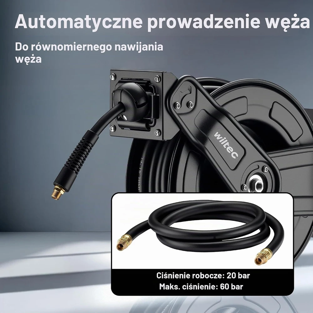 Wiltec slėginės žarnos ritė su 20 m 3/8 colio žarna, sieninė, modelis 65439