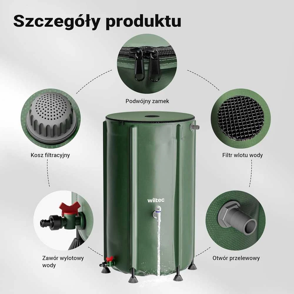 Wiltec surenkama lietaus vandens talpa 250 l, PVC 1000D, su čiaupu, 60 × 88 cm