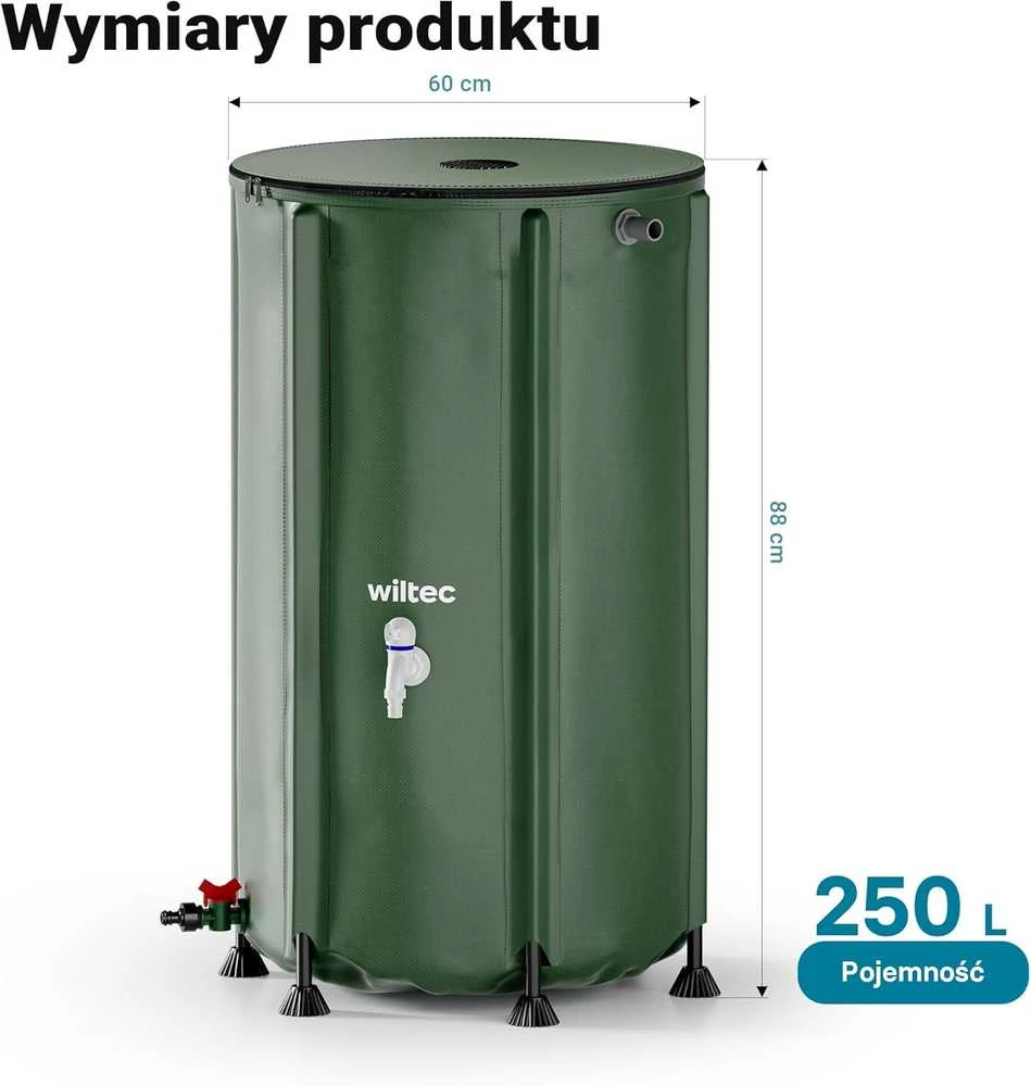 Wiltec surenkama lietaus vandens talpa 250 l, PVC 1000D, su čiaupu, 60 × 88 cm