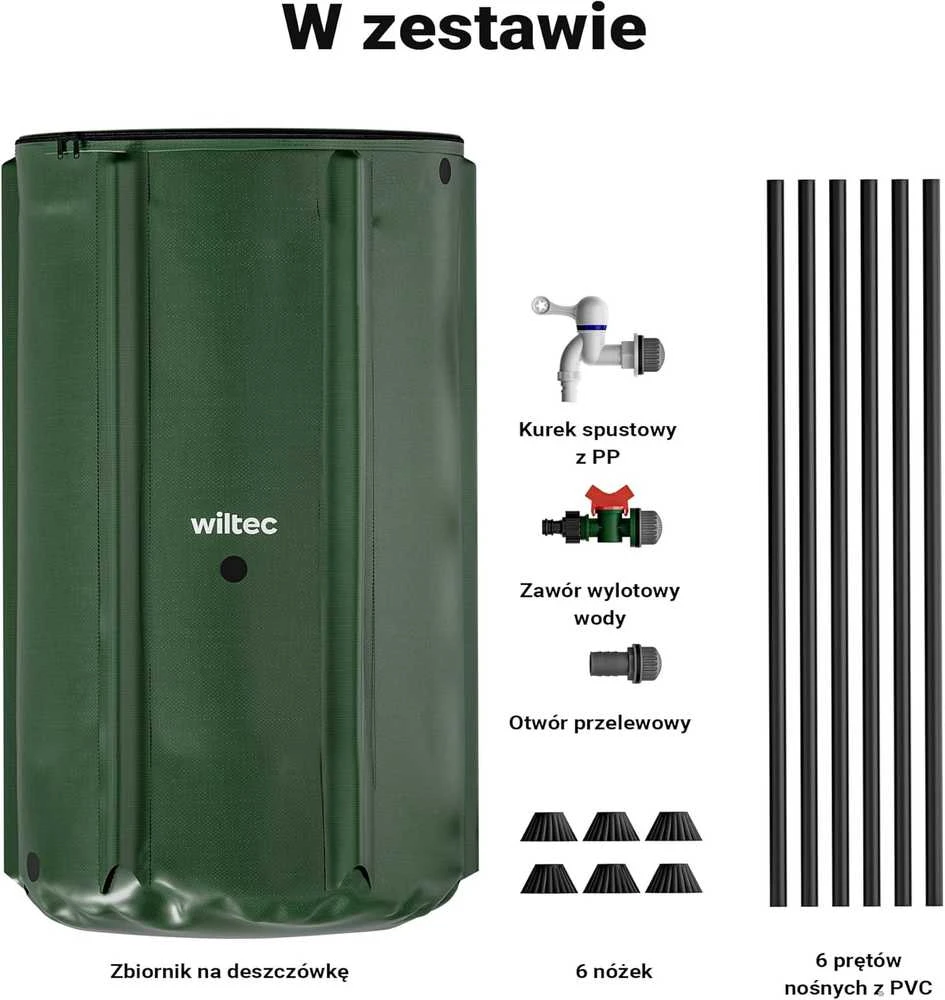 Wiltec surenkama lietaus vandens talpa 250 l, PVC 1000D, su čiaupu, 60 × 88 cm