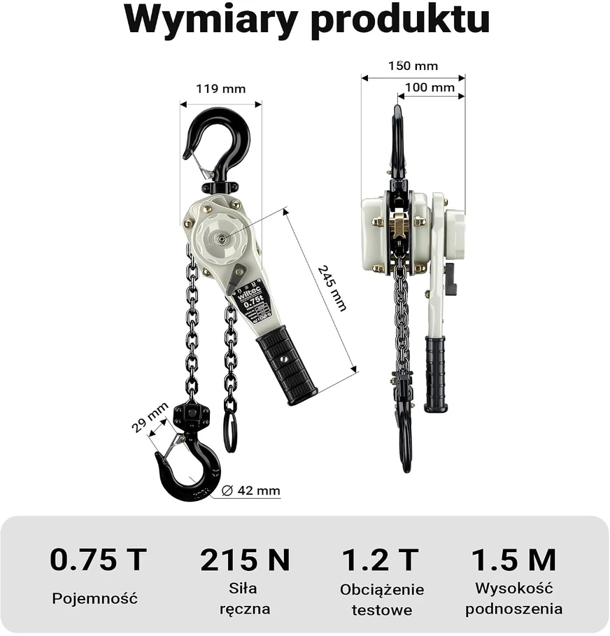 Wiltec svirtinis grandininis keltuvas 0.75 t, 1.5 m, su 360° pasukama rankena, 65156