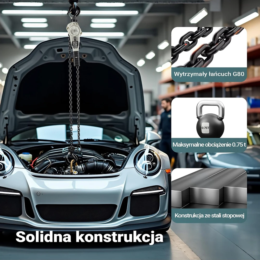 Wiltec svirtinis grandininis keltuvas 0.75 t, 1.5 m, su 360° pasukama rankena, 65156