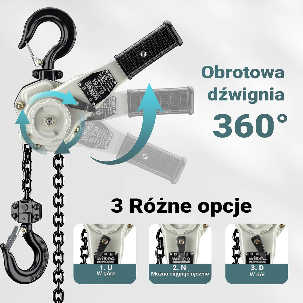 Wiltec svirtinis grandininis keltuvas 0.75 t, 1.5 m, su 360° pasukama rankena, 65156
