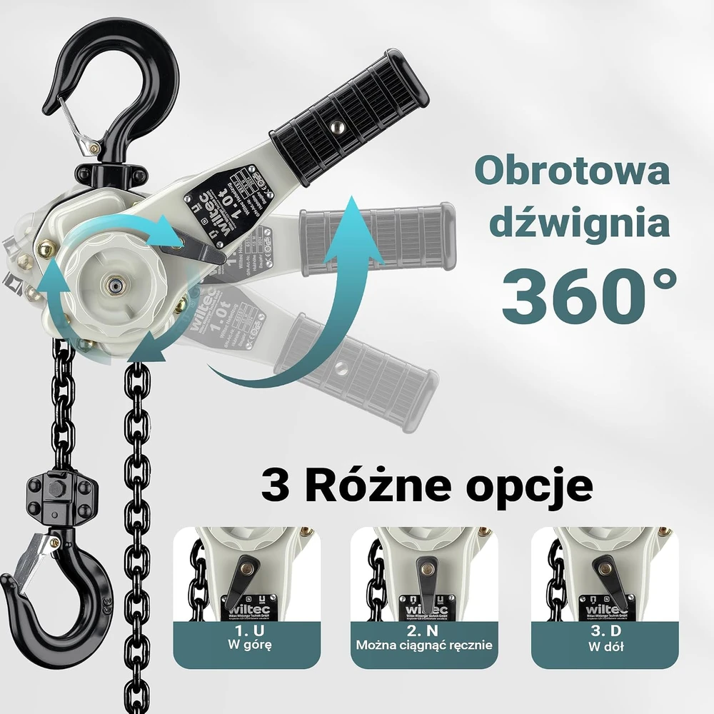 Wiltec svirtinis grandininis keltuvas 1 t, 1.5 m su 360° pasukama rankena, 65157
