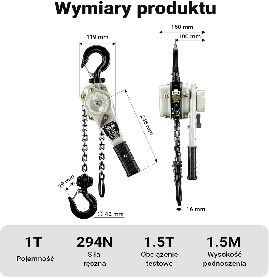 Wiltec svirtinis grandininis keltuvas 1 t, 1.5 m su 360° pasukama rankena, 65157