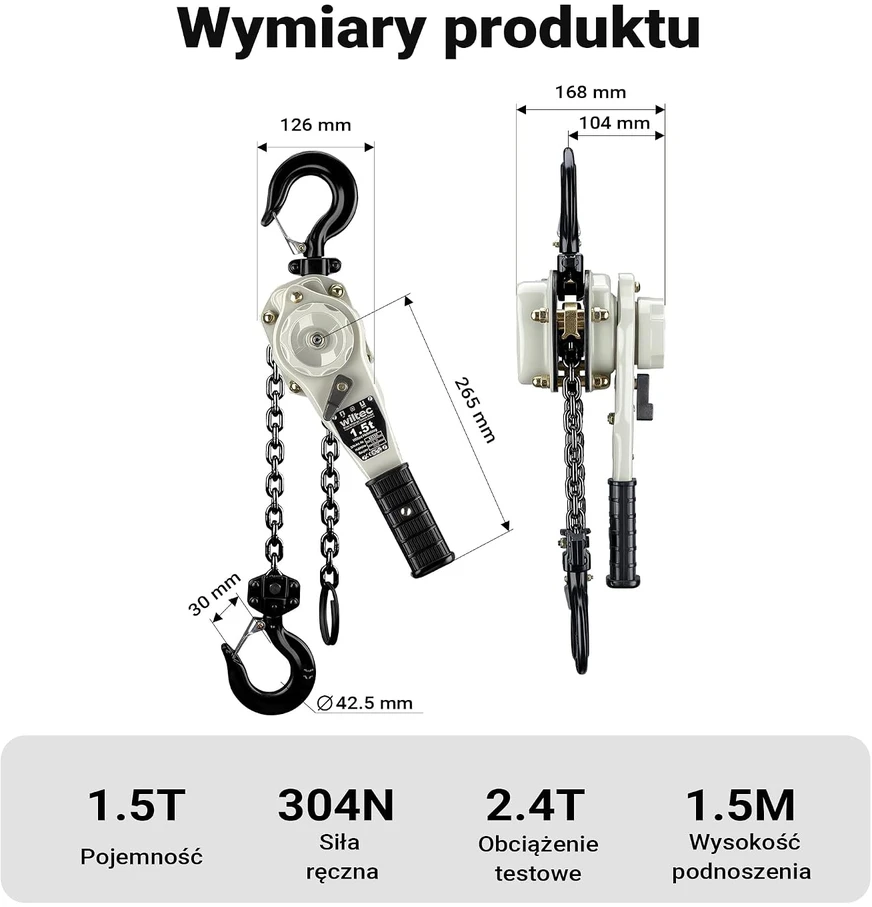 Wiltec svirtinis grandininis keltuvas 1,5 t, 1,5 m, su 360° pasukama rankena, 65158