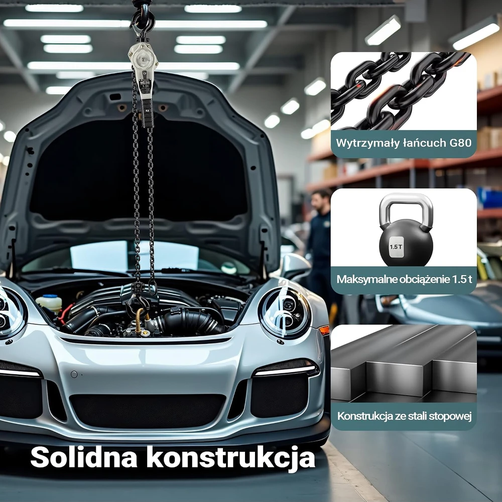 Wiltec svirtinis grandininis keltuvas 1,5 t, 1,5 m, su 360° pasukama rankena, 65158