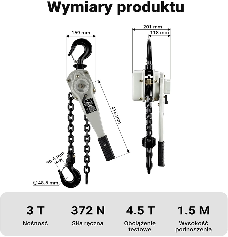 Wiltec svirtinis grandininis keltuvas 3 t, 1.5 m, su 360° pasukama rankena, modelis 65159