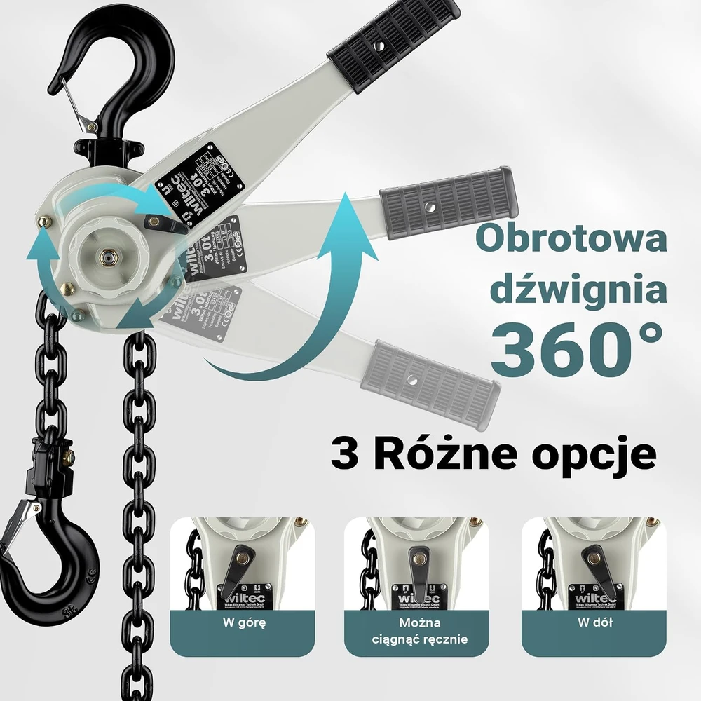 Wiltec svirtinis grandininis keltuvas 3 t, 1.5 m, su 360° pasukama rankena, modelis 65159