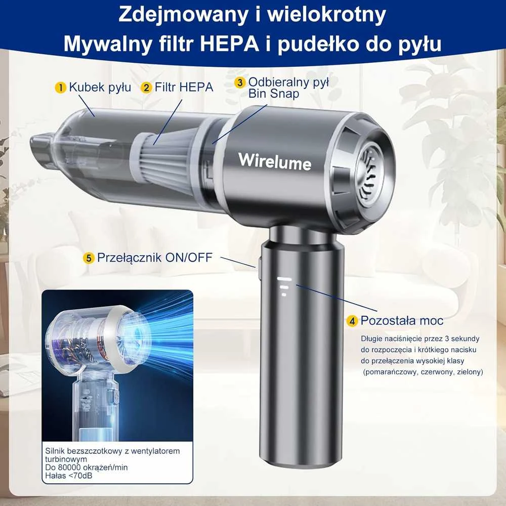 Wirelume belaidis rankinis dulkių siurblys 22000Pa 120 W HEPA filtras akumuliatorinis ST-6653Plus