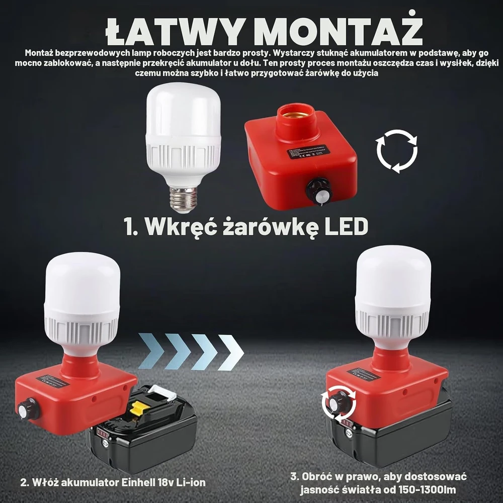WIYETY akumuliatorinė darbo lempa Einhell 18 V, LED 12 W, 350–1300 lm, ERQD155