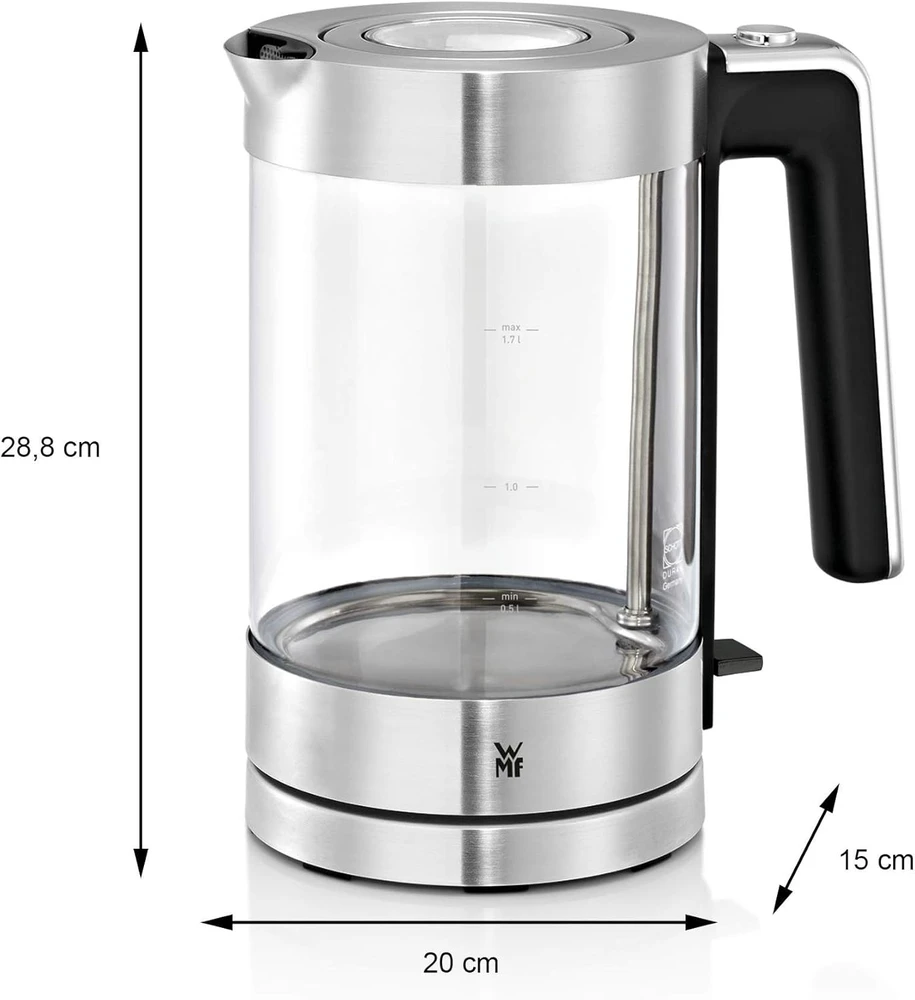 WMF 413150011 LONO Standard virdulys, Glass, Nerūdijantis plienas/Juodas, 3000 W, 360° rotational base, 1.7 L