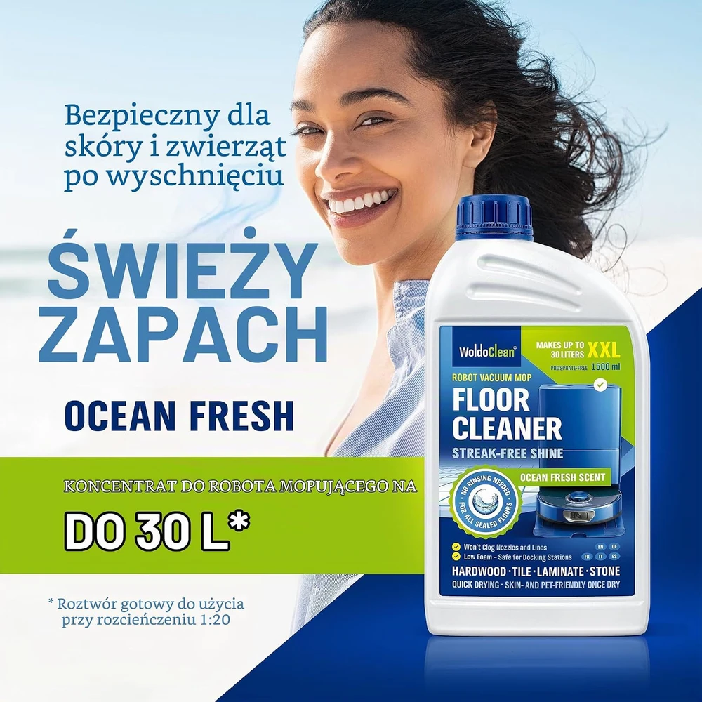 WoldoClean grindų valiklis grindų plovimo robotams, 1,5 l, be putų, modelis 9333