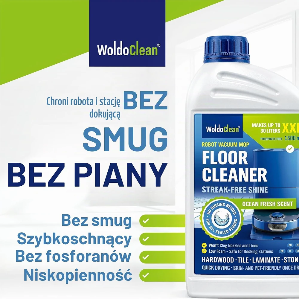 WoldoClean grindų valiklis grindų plovimo robotams, 1,5 l, be putų, modelis 9333