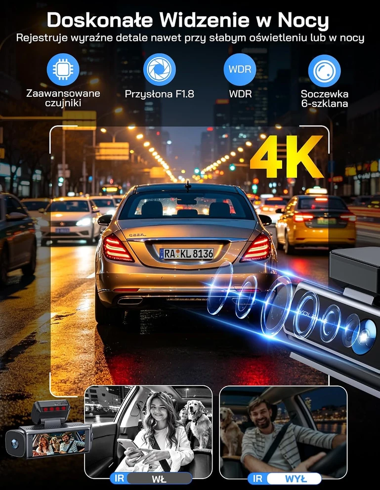 WOLFANG 4 kanalų automobilinis vaizdo registratorius 4K su 3,39 col. IPS ekranu WD07