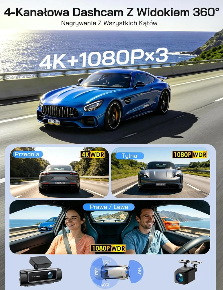 WOLFANG 4 kanalų automobilinis vaizdo registratorius 4K su 3,39 col. IPS ekranu WD07