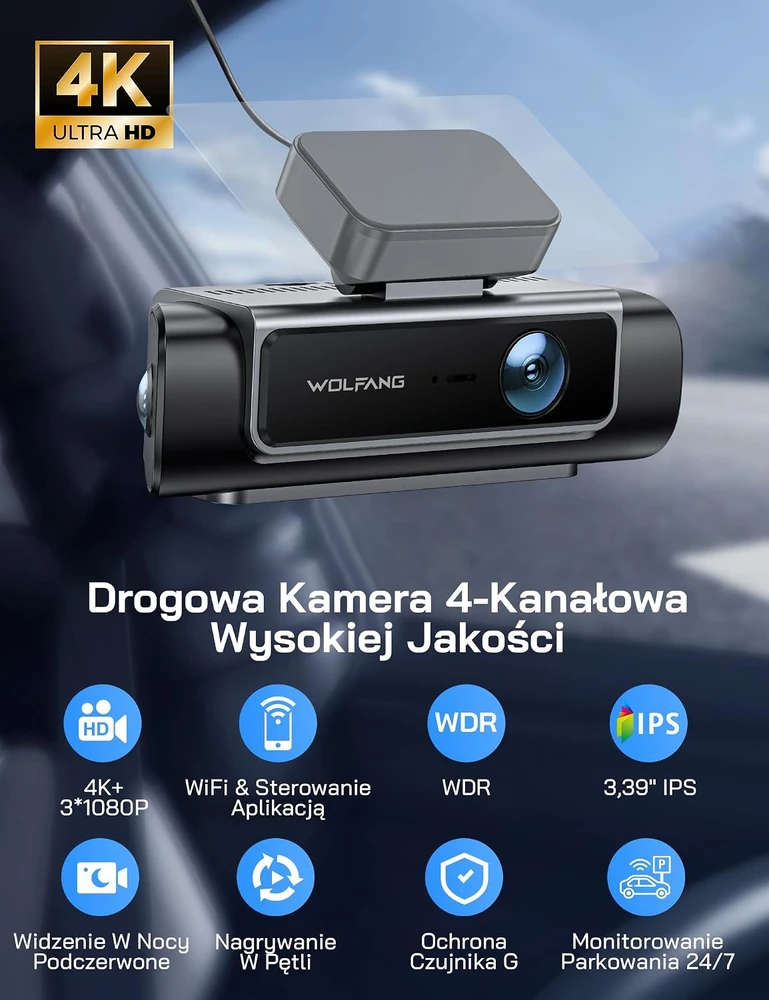 WOLFANG 4 kanalų automobilinis vaizdo registratorius 4K su 3,39 col. IPS ekranu WD07