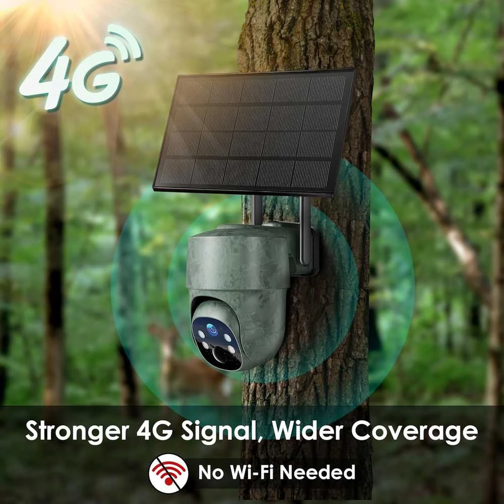 WOLFANG 4G LTE saulės energija maitinama lauko kamera su 2,5 K vaizdo transliacija ir 355° PTZ valdymu WT06