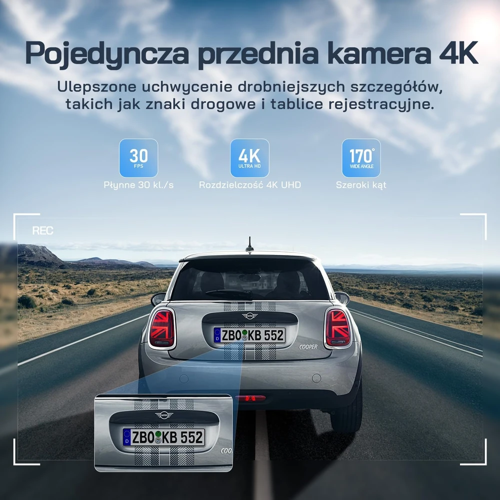 WOLFANG automobilinis vaizdo registratorius 4K su galine 1080p kamera, Wi-Fi ir 170° objektyvu WD03