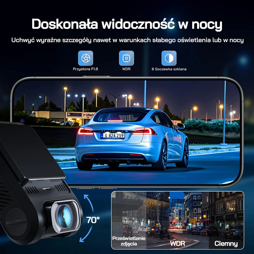 WOLFANG automobilinis vaizdo registratorius 2,5K Wi-Fi su naktiniu matymu, 170° WD04