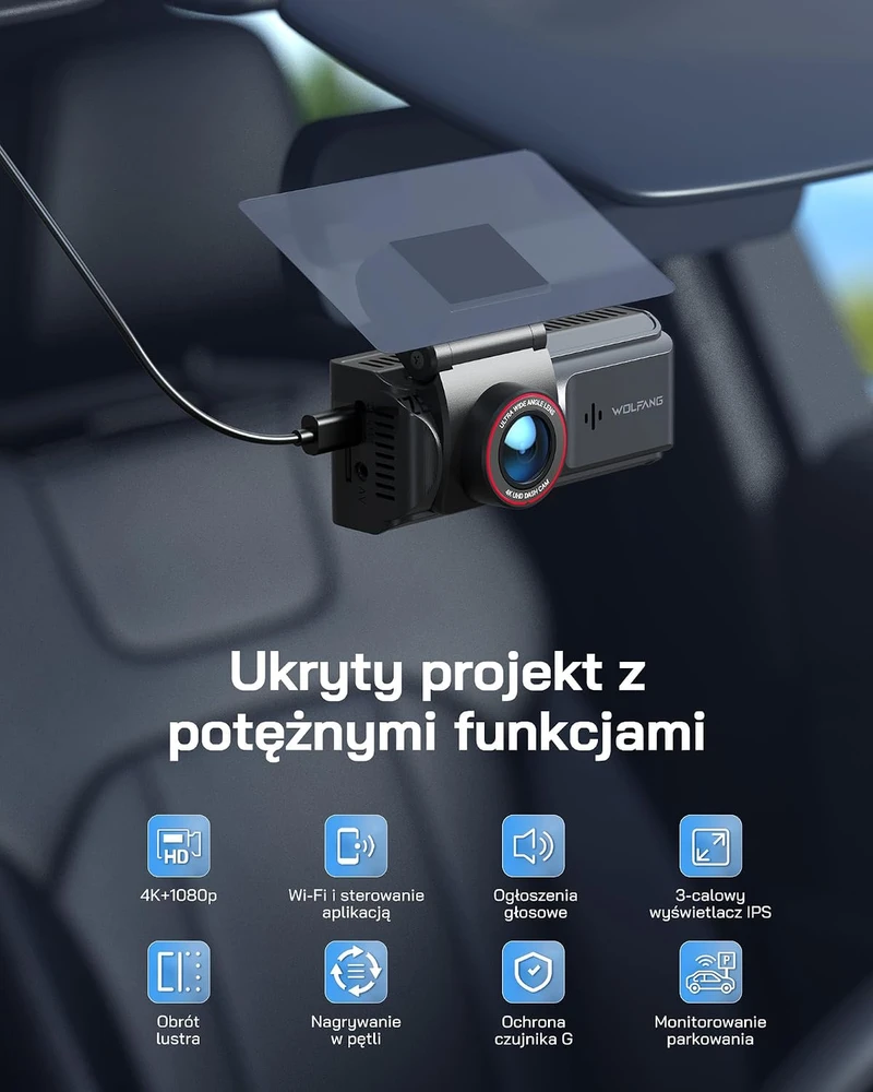 WOLFANG automobilinis vaizdo registratorius su priekine ir galine 4K/1080p kamera, Wi-Fi, WD05