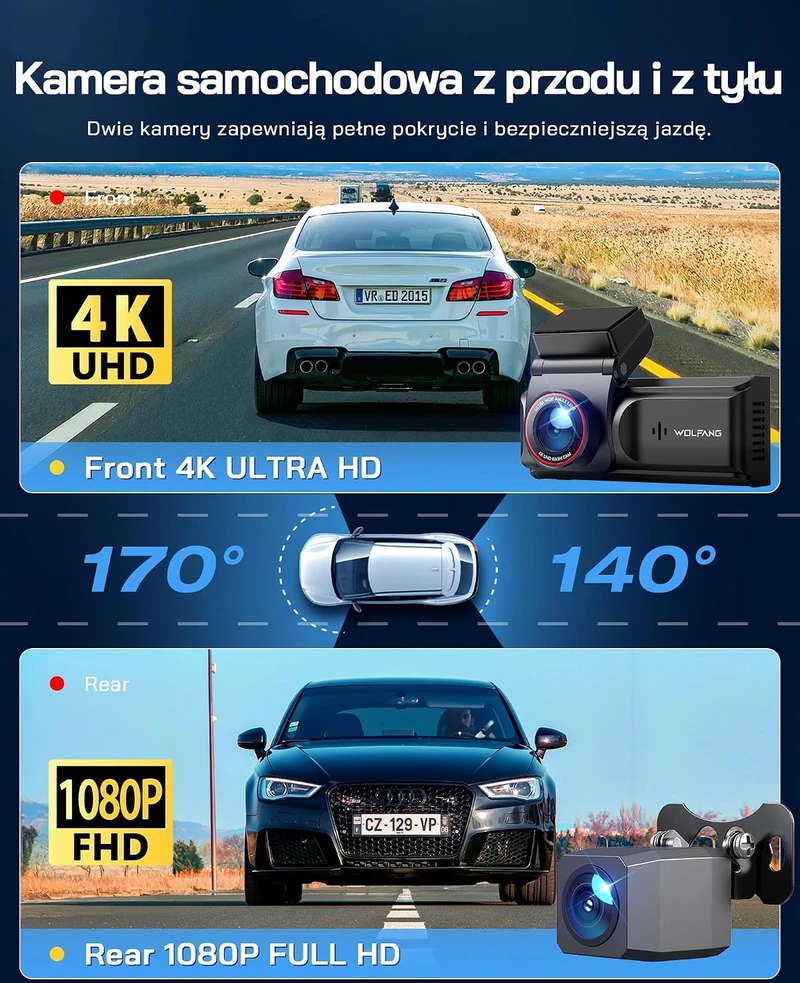 WOLFANG automobilinis vaizdo registratorius su priekine ir galine 4K/1080p kamera, Wi-Fi, WD05