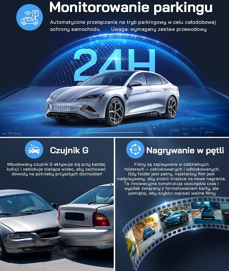 WOLFANG automobilinis vaizdo registratorius su priekine ir galine 4K/1080p kamera, Wi-Fi, WD05