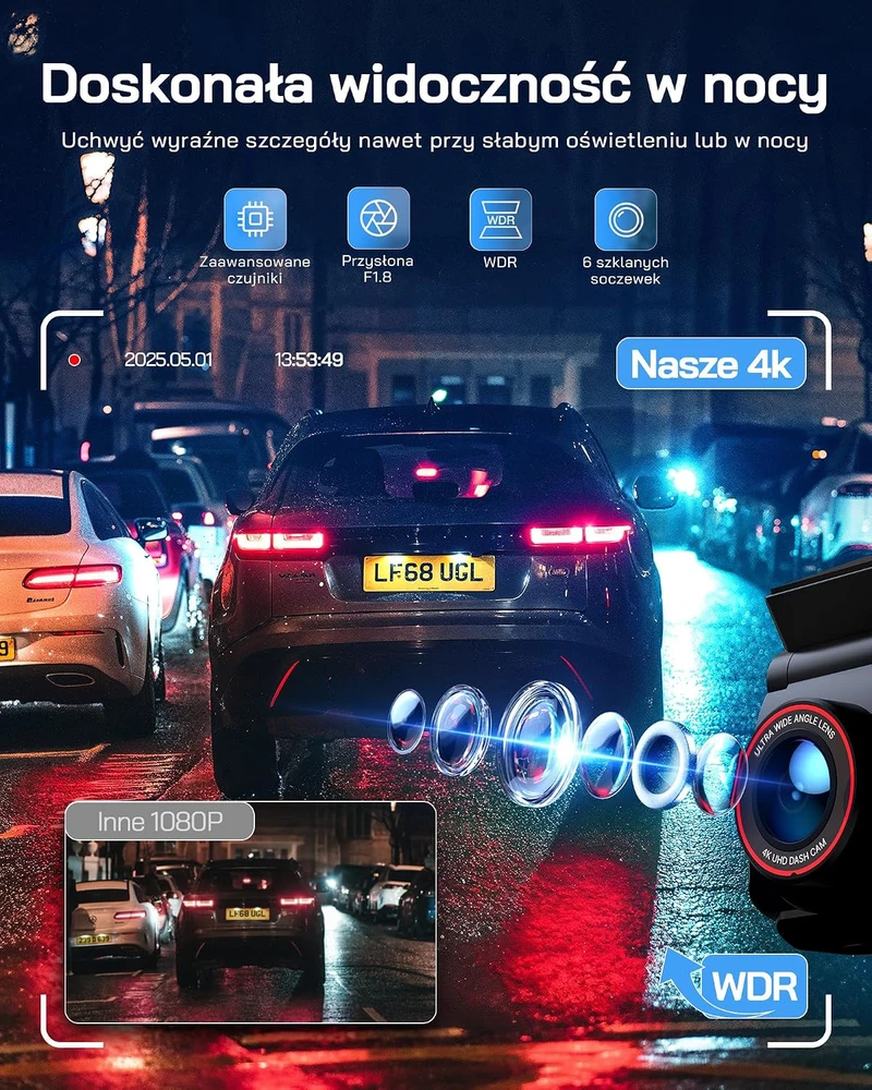 WOLFANG automobilinis vaizdo registratorius su priekine ir galine 4K/1080p kamera, Wi-Fi, WD05