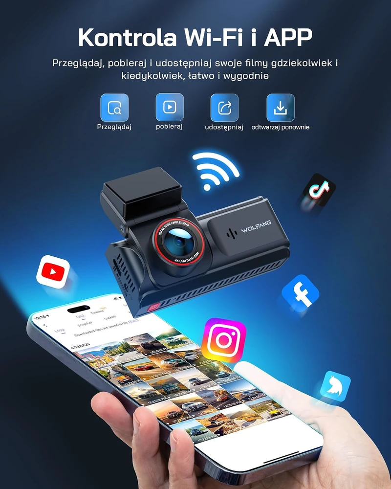 WOLFANG automobilinis vaizdo registratorius su priekine ir galine 4K/1080p kamera, Wi-Fi, WD05