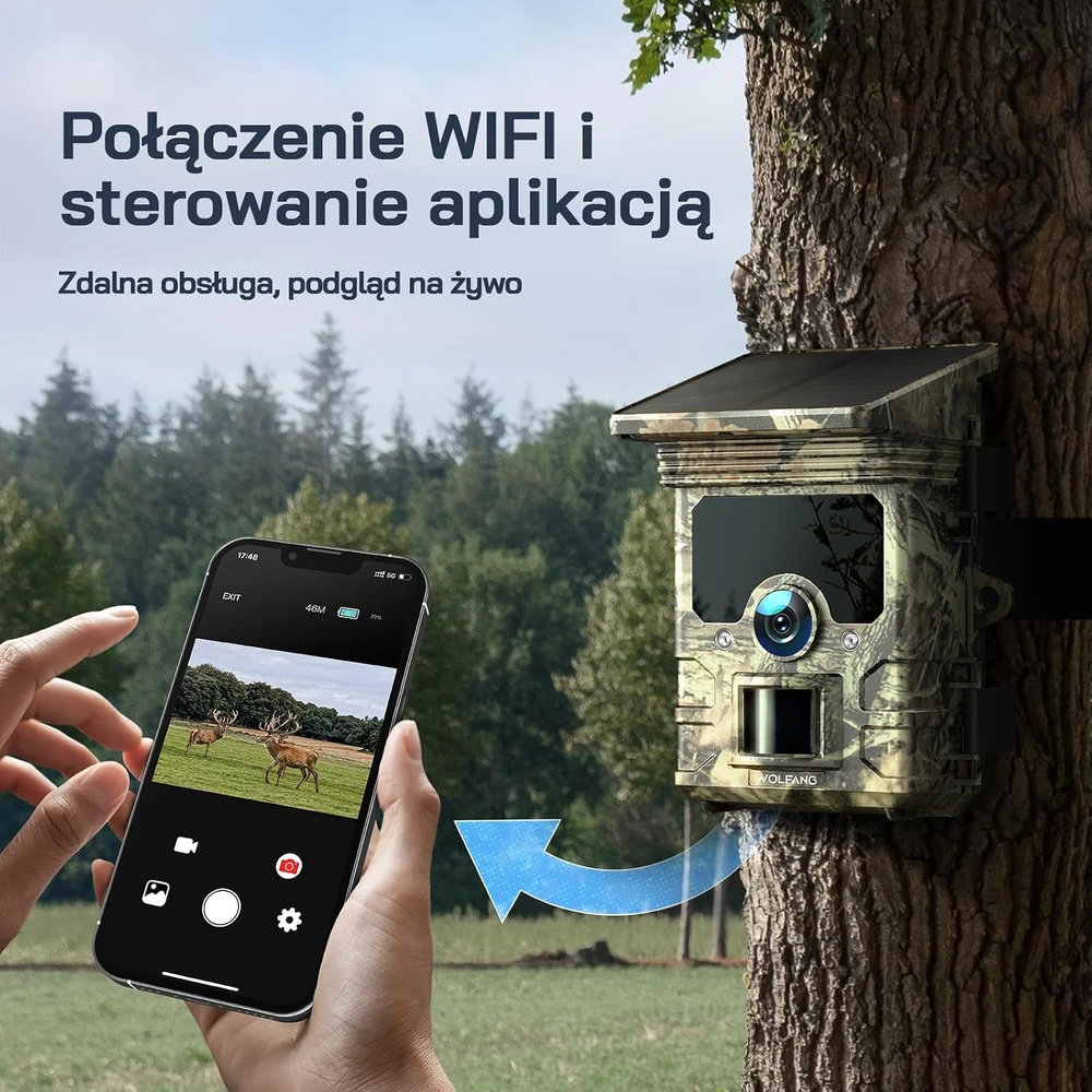 WOLFANG laukinės gamtos kamera 4K 68 MP su Wi-Fi, Bluetooth ir saulės maitinimu WT03