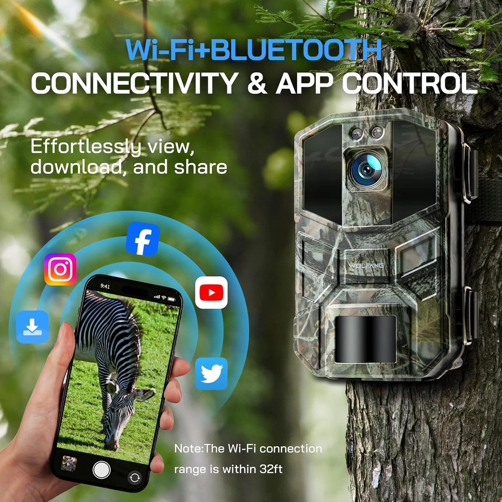 WOLFANG laukinės gamtos stebėjimo kamera 4K 64 MP su Wi-Fi ir Bluetooth WT05