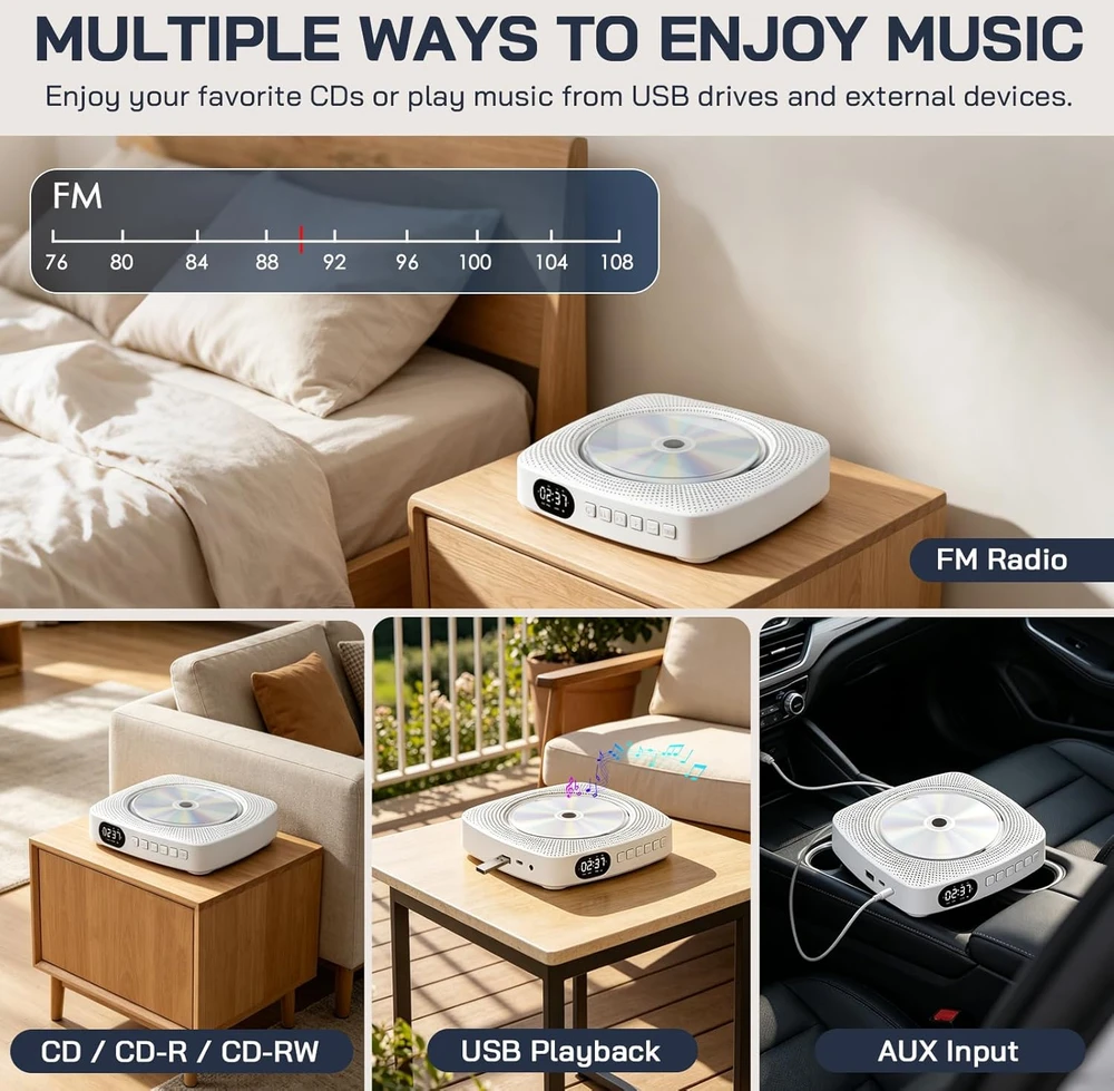 WOLFANG nešiojamas CD grotuvas su Bluetooth, FM radiju ir 4000 mAh baterija WDV04